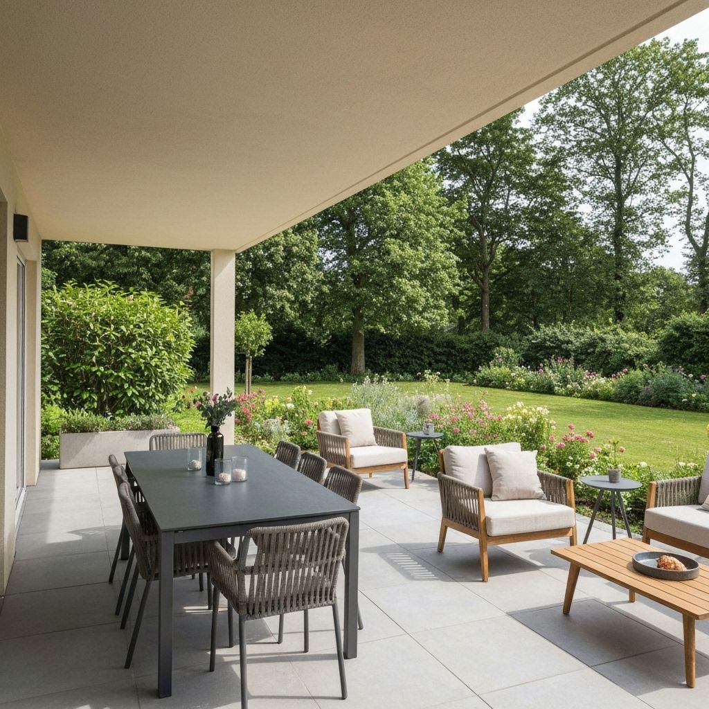 Terrasse extérieure avec coin repas et vue jardin